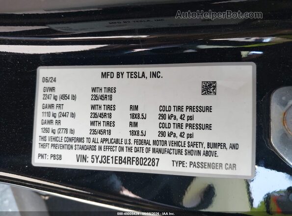 5YJ3E1EB4RF802287 2024 TESLA MODEL 3 Black 
