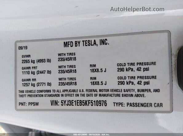 5YJ3E1EB5KF510976 2019 TESLA MODEL 3 White ძრავის განყოფილების ხედი