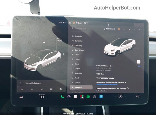 5YJ3E1EB5LF619620 2020 TESLA MODEL 3 White Հետևի նստատեղերի տեսք