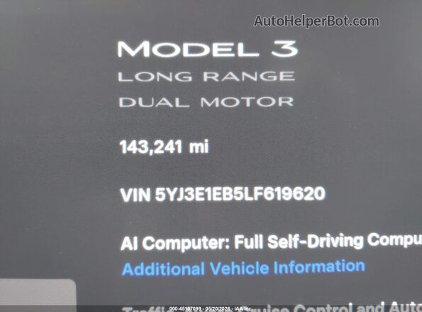 5YJ3E1EB5LF619620 2020 TESLA MODEL 3 White Սալոնի 360 աստիճան տեսք