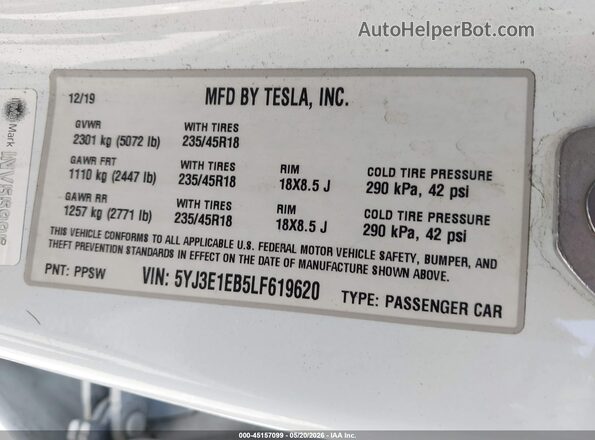 5YJ3E1EB5LF619620 2020 TESLA MODEL 3 White Շարժիչի բաժամունքի տեսք