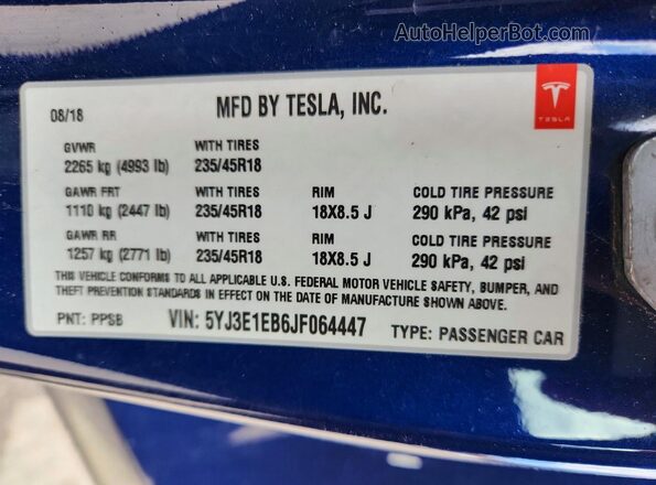 5YJ3E1EB6JF064447 2018 TESLA MODEL Blue 