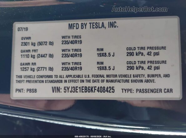 5YJ3E1EB6KF408425 2019 TESLA MODEL 3 Black 
