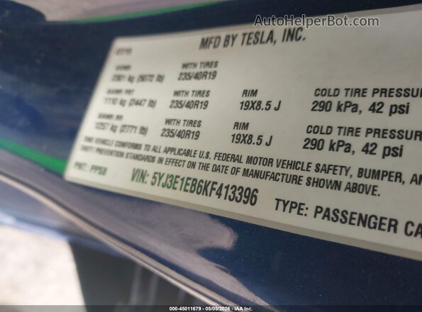 5YJ3E1EB6KF413396 2019 TESLA MODEL 3 Blue Widok komory silnika