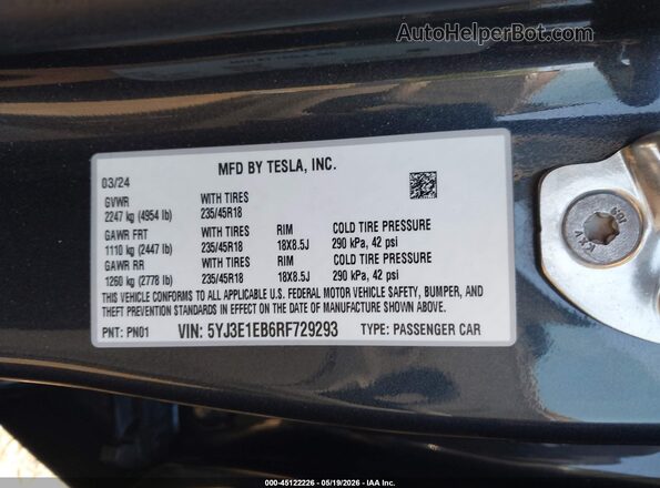 5YJ3E1EB6RF729293 2024 TESLA MODEL 3 Gray Շարժիչի բաժամունքի տեսք