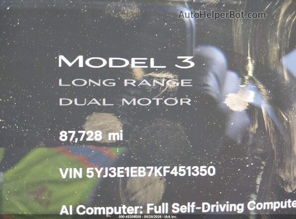 5YJ3E1EB7KF451350 2019 TESLA MODEL 3 White 