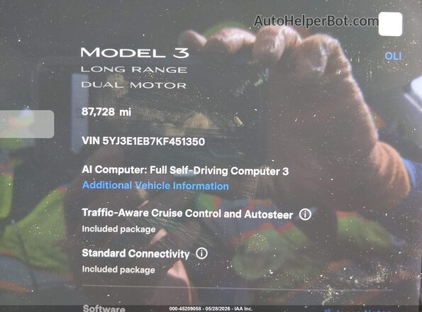 5YJ3E1EB7KF451350 2019 TESLA MODEL 3 White Widok tylnych siedzeń