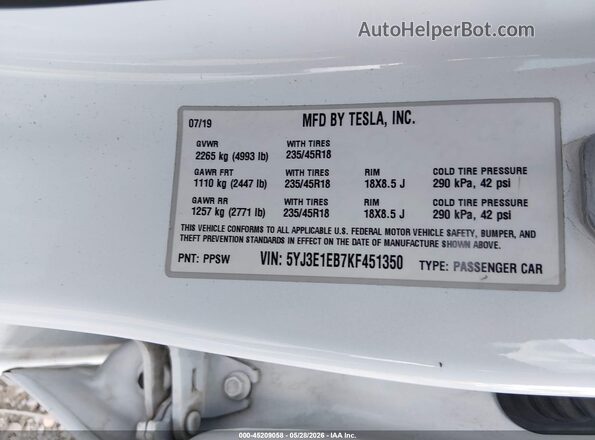 5YJ3E1EB7KF451350 2019 TESLA MODEL 3 White Widok komory silnika