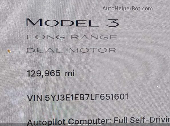 5YJ3E1EB7LF651601 2020 TESLA MODEL 3 White 