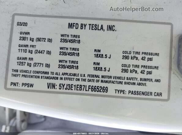 5YJ3E1EB7LF665269 2020 TESLA MODEL 3 White Vista del compartimento del motor
