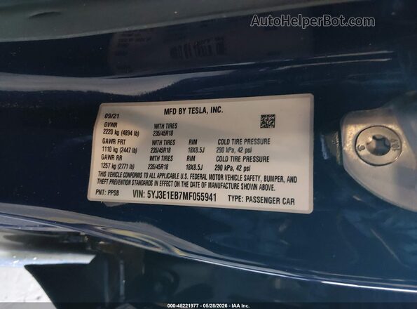 5YJ3E1EB7MF055941 2021 TESLA MODEL 3 Blue Engine compartment view