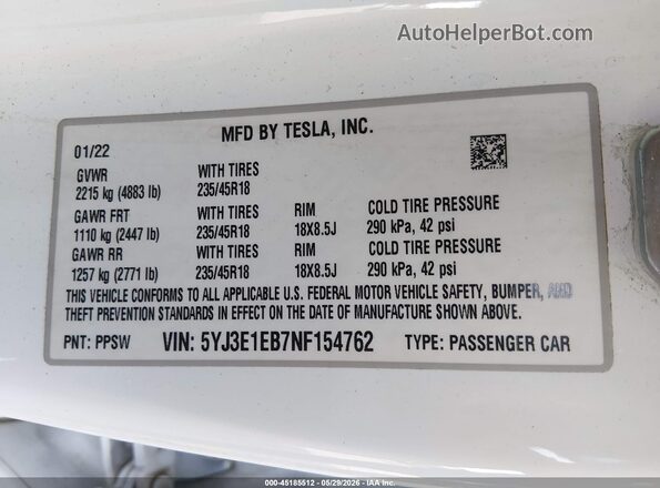 5YJ3E1EB7NF154762 2022 TESLA MODEL 3 White Շարժիչի բաժամունքի տեսք