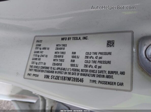 5YJ3E1EB7NF289546 2022 TESLA MODEL 3 White 
