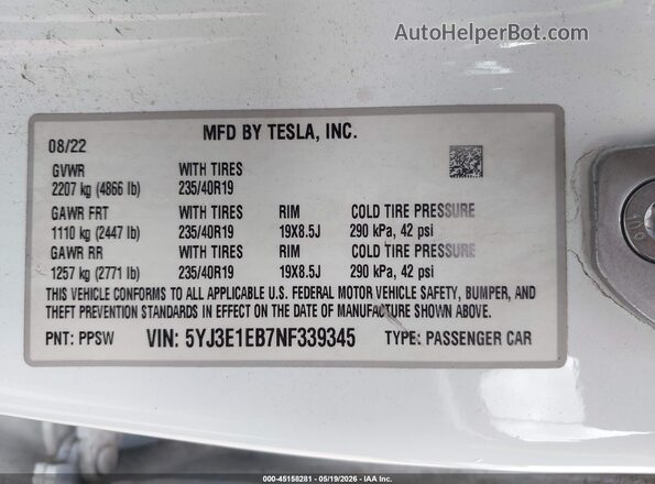 5YJ3E1EB7NF339345 2022 TESLA MODEL 3 White Vista del compartimento del motor