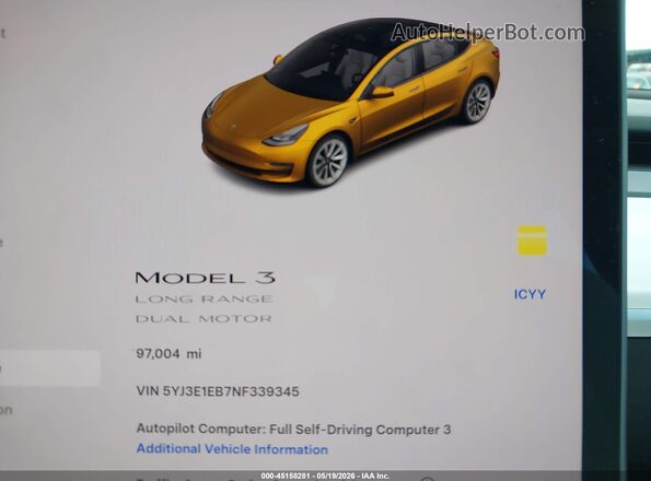 5YJ3E1EB7NF339345 2022 TESLA MODEL 3 White Vista de los asientos traseros