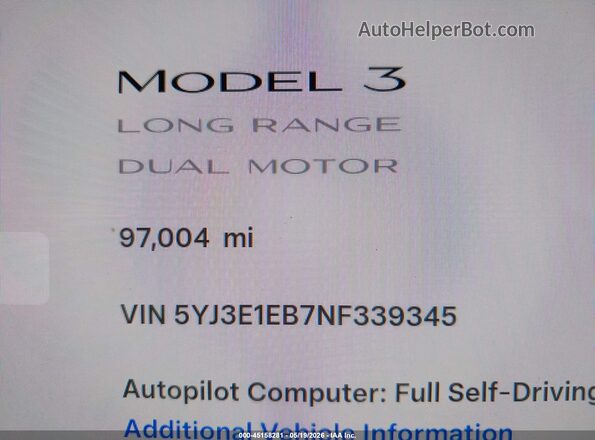 5YJ3E1EB7NF339345 2022 TESLA MODEL 3 White Vista interior de 360 grados