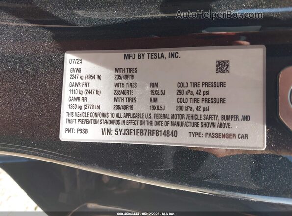 5YJ3E1EB7RF814840 2024 TESLA MODEL 3 Black Engine compartment view