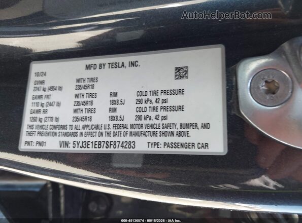 5YJ3E1EB7SF874283 2025 TESLA MODEL 3 Black Widok naklejki z numerem VIN