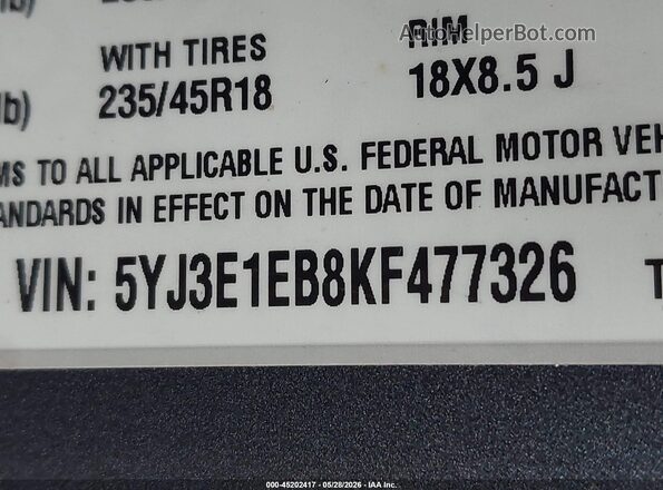 5YJ3E1EB8KF477326 2019 TESLA MODEL 3 Gray Widok komory silnika
