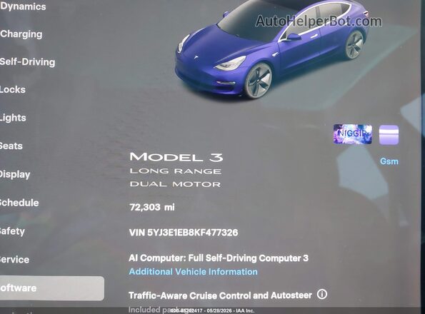 5YJ3E1EB8KF477326 2019 TESLA MODEL 3 Gray Widok tylnych siedzeń