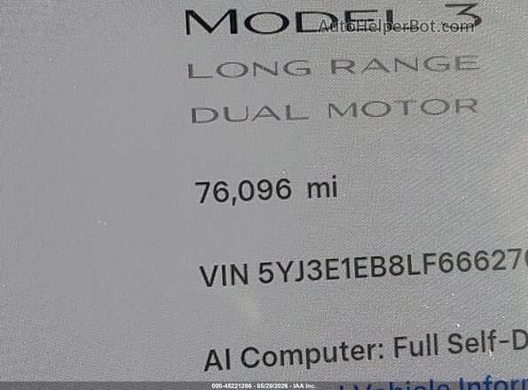 5YJ3E1EB8LF666270 2020 TESLA MODEL 3 Black Widok wnętrza 360 stopni