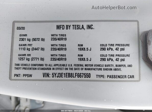 5YJ3E1EB8LF667550 2020 TESLA MODEL 3 White Widok komory silnika
