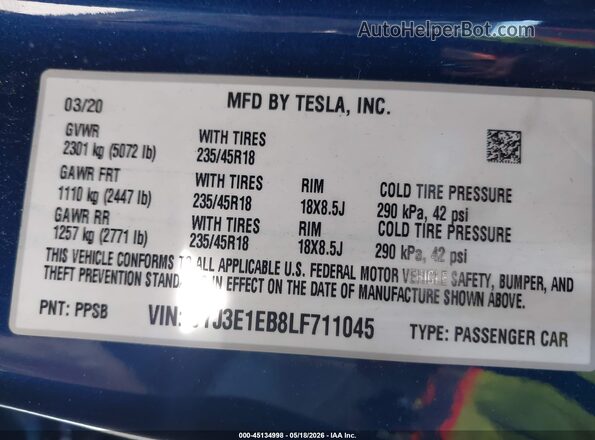 5YJ3E1EB8LF711045 2020 TESLA MODEL 3 Blue Widok komory silnika