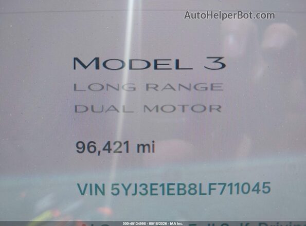 5YJ3E1EB8LF711045 2020 TESLA MODEL 3 Blue Widok wnętrza 360 stopni