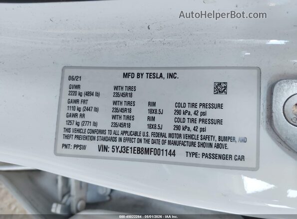 5YJ3E1EB8MF001144 2021 TESLA MODEL 3 Белый Вид подкапотного пространства