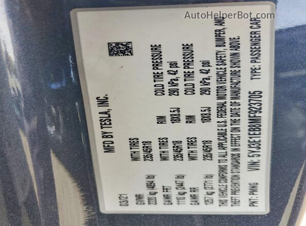 5YJ3E1EB8MF923705 2021 TESLA MODEL Charcoal VIN կոդի պիտակի տեսք
