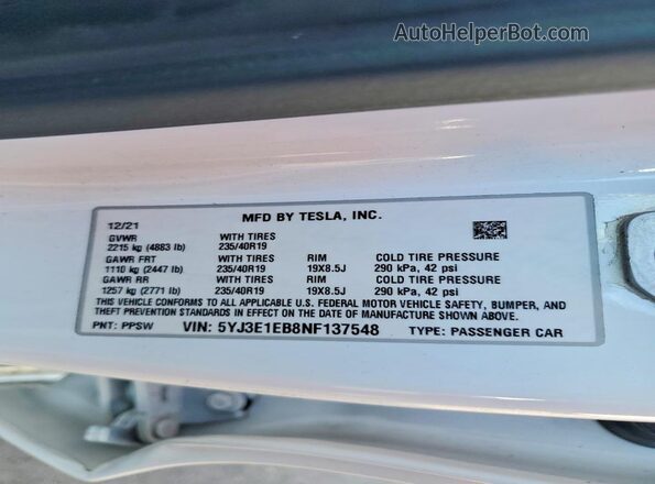 5YJ3E1EB8NF137548 2022 TESLA MODEL Белый 