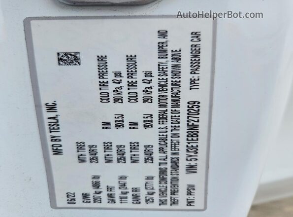 5YJ3E1EB8NF270259 2022 TESLA MODEL White VIN კოდის სტიკერის ხედი
