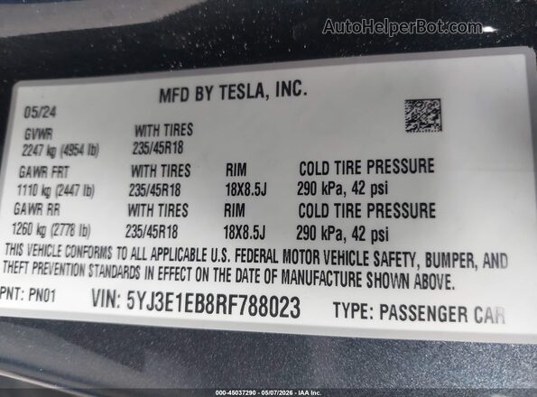 5YJ3E1EB8RF788023 2024 TESLA MODEL 3 Gray Widok komory silnika