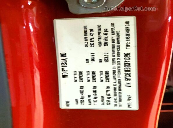 5YJ3E1EB9KF413392 2019 TESLA MODEL Red Widok komory silnika