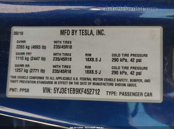 5YJ3E1EB9KF452712 2019 TESLA MODEL 3 Blue Engine compartment view
