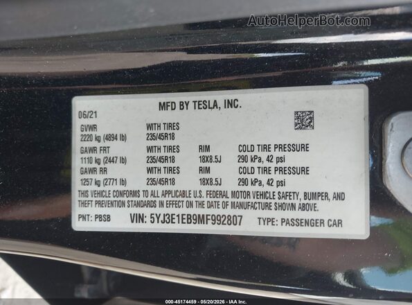 5YJ3E1EB9MF992807 2021 TESLA MODEL 3 Black Engine compartment view