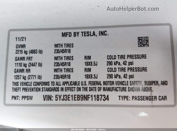5YJ3E1EB9NF118734 2022 TESLA MODEL 3 White ძრავის განყოფილების ხედი