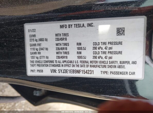 5YJ3E1EB9NF154231 2022 TESLA MODEL 3 Black Вид підкапотного простору