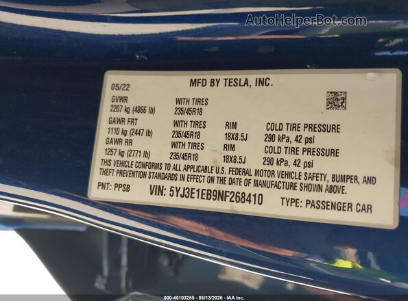 5YJ3E1EB9NF268410 2022 TESLA MODEL 3 Синий 