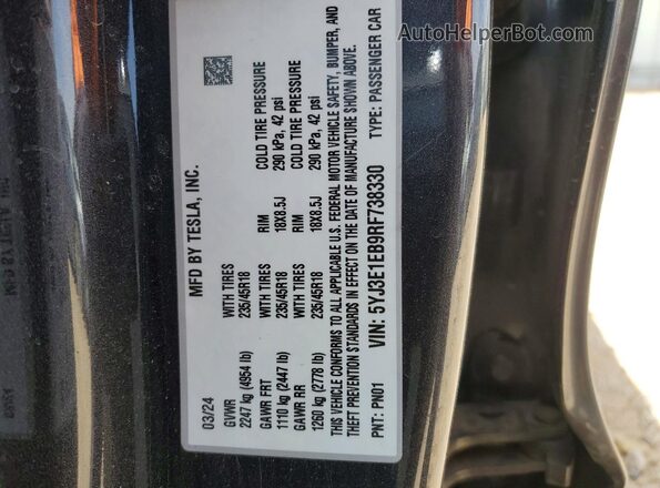 5YJ3E1EB9RF738330 2024 TESLA MODEL Charcoal ძრავის განყოფილების ხედი