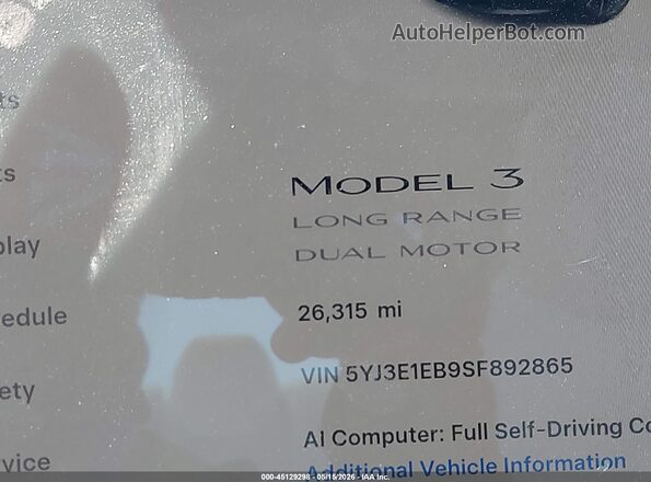 5YJ3E1EB9SF892865 2025 TESLA MODEL 3 Gray 