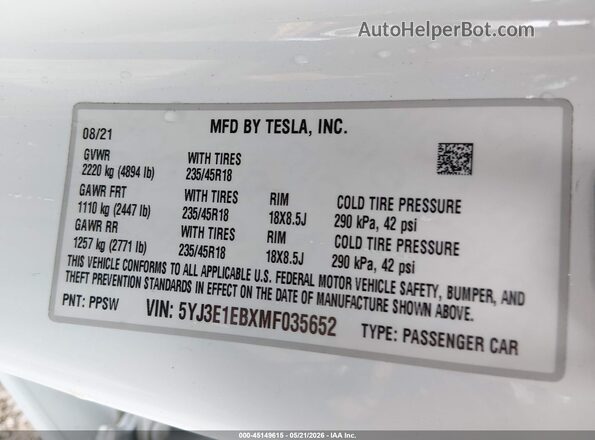 5YJ3E1EBXMF035652 2021 TESLA MODEL 3 White Շարժիչի բաժամունքի տեսք
