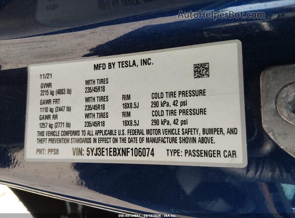 5YJ3E1EBXNF106074 2022 TESLA MODEL 3 Dark Blue Vista del compartimento del motor