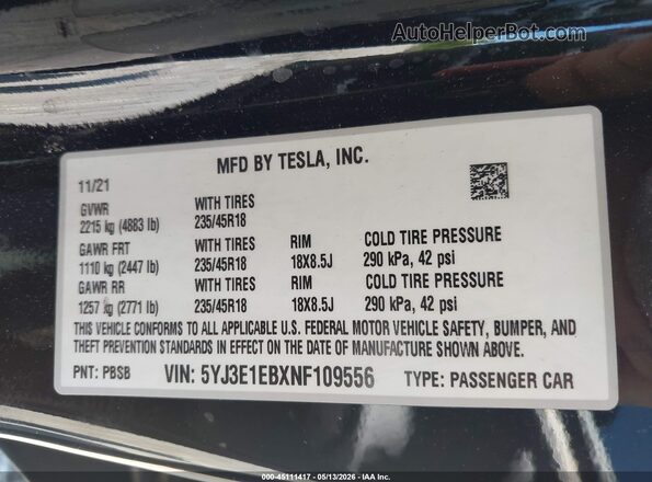 5YJ3E1EBXNF109556 2022 TESLA MODEL 3 Черный Вид подкапотного пространства