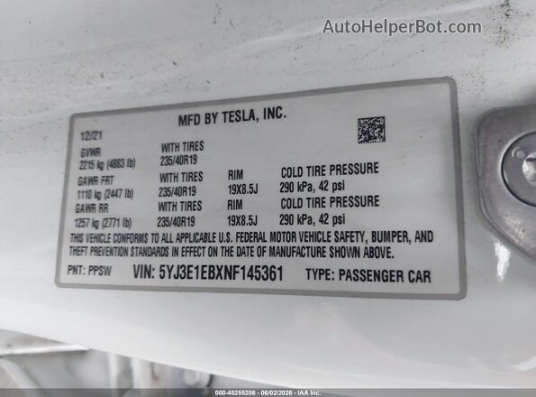 5YJ3E1EBXNF145361 2022 TESLA MODEL 3 Белый Вид подкапотного пространства