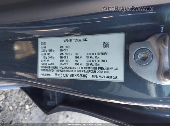 5YJ3E1EBXNF305402 2022 TESLA MODEL 3 Gray Widok komory silnika
