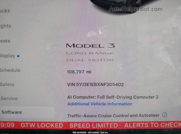 5YJ3E1EBXNF305402 2022 TESLA MODEL 3 Gray 