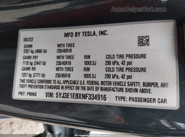 5YJ3E1EBXNF334916 2022 TESLA MODEL 3 Gray Вид підкапотного простору