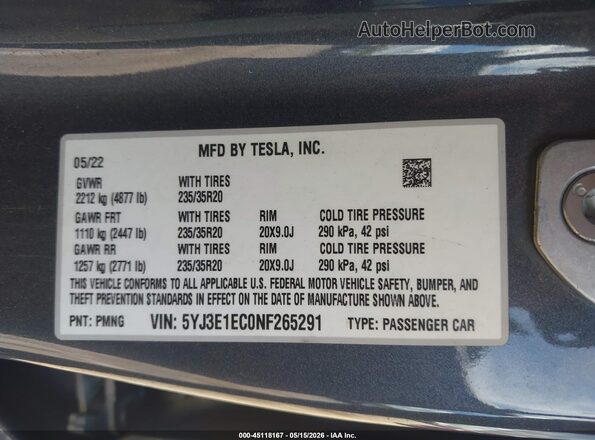 5YJ3E1EC0NF265291 2022 TESLA MODEL 3 Gray Շարժիչի բաժամունքի տեսք