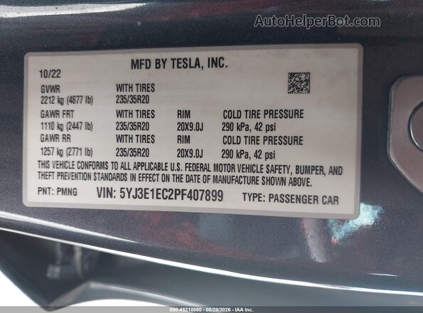 5YJ3E1EC2PF407899 2023 TESLA MODEL 3 Gray Вид підкапотного простору